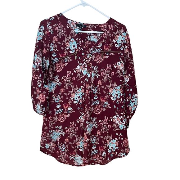 J for Justify Womens Size Medium Blouse Burgundy Floral Top 3/4 Roll Up Sleeve - Picture 1 of 10